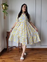 Hand Block Printed Cotton Flared Dress (White, Yellow & Grey Floral)