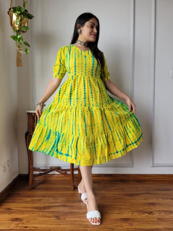 Yellow & Green Tie-Dye Cotton Flared Dress