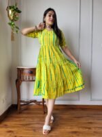 Yellow & Green Tie-Dye Cotton Flared Dress