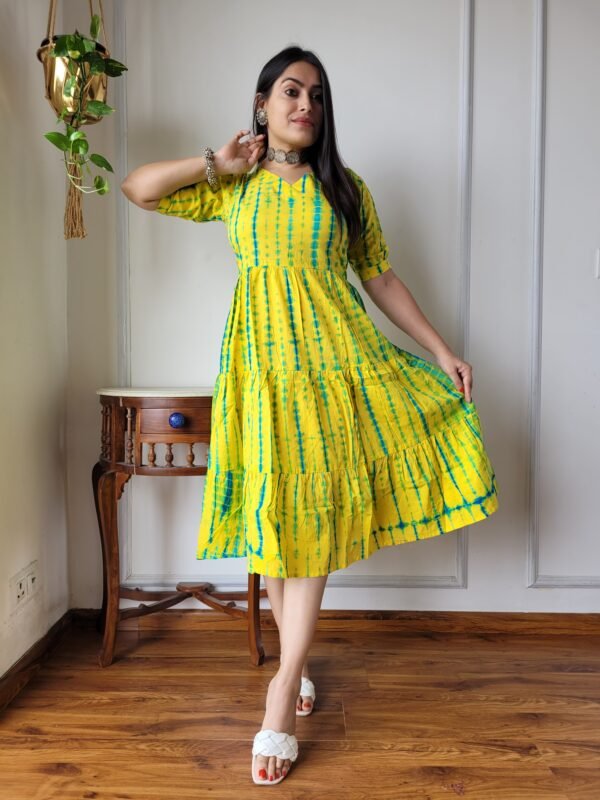Yellow & Green Tie-Dye Cotton Flared Dress