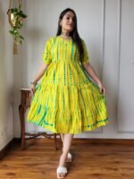 Yellow & Green Tie-Dye Cotton Flared Dress