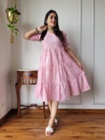 Soft Pink Floral Cotton Flared Dress