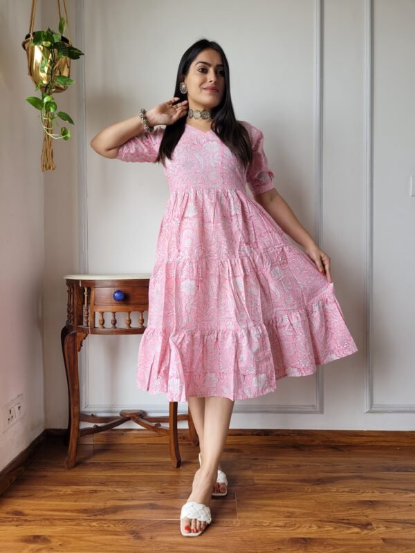 Soft Pink Floral Cotton Flared Dress
