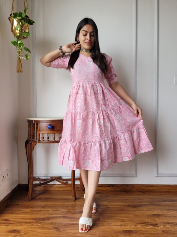 Soft Pink Floral Cotton Flared Dress