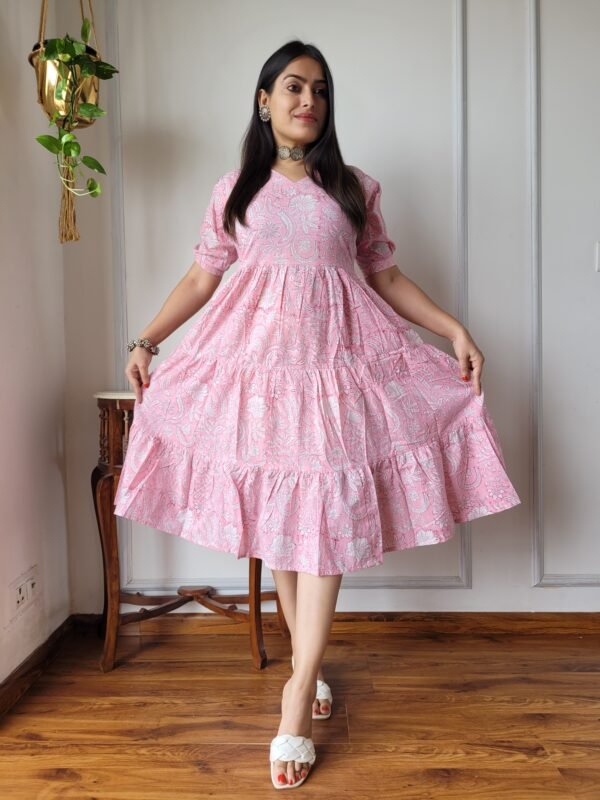 Soft Pink Floral Cotton Flared Dress