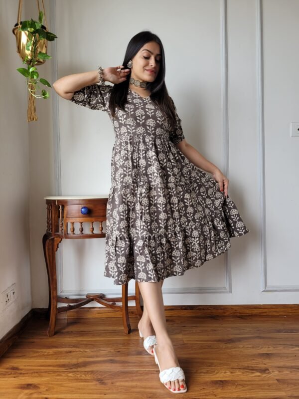 Earthy Brown Floral Cotton Flared Dress