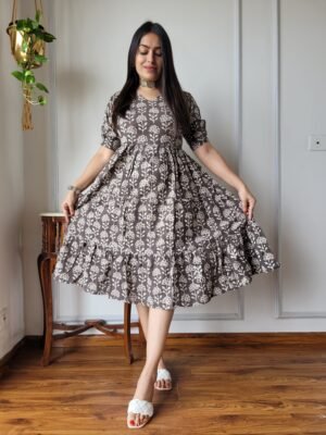 Earthy Brown Floral Cotton Flared Dress