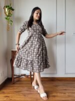 Earthy Brown Floral Cotton Flared Dress