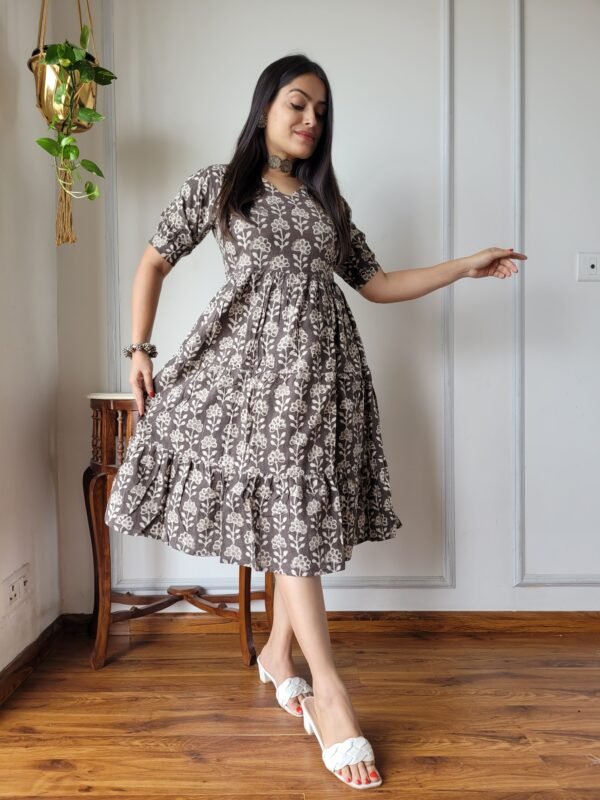 Earthy Brown Floral Cotton Flared Dress