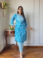 Women’s Blue Floral Printed Kurta Pant Set