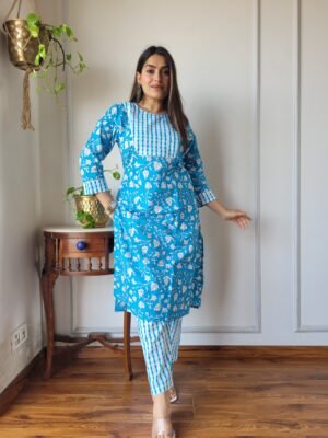 Women’s Blue Floral Printed Kurta Pant Set