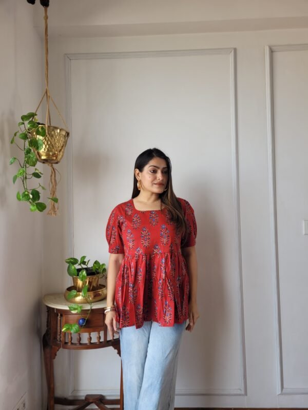 Women’s Red Printed Peplum Top