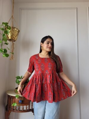 Women’s Red Printed Peplum Top