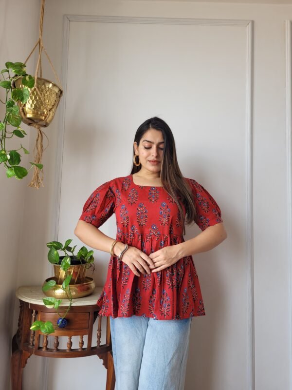 Women’s Red Printed Peplum Top