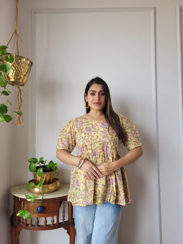 Women’s Yellow Floral Printed Peplum Top