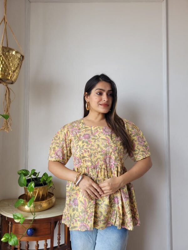 Women’s Yellow Floral Printed Peplum Top