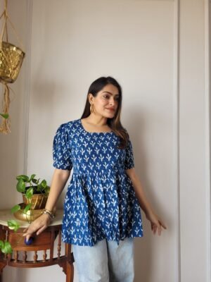 Women’s Blue Floral Printed Peplum Top