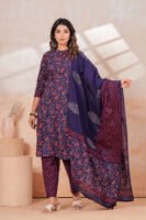 Hand Block Printed Cotton Kurta Set with Dupatta (Navy Blue & Red)