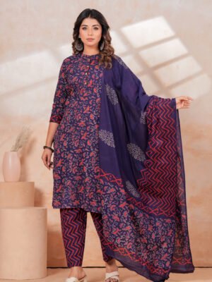 Hand Block Printed Cotton Kurta Set with Dupatta (Navy Blue & Red)