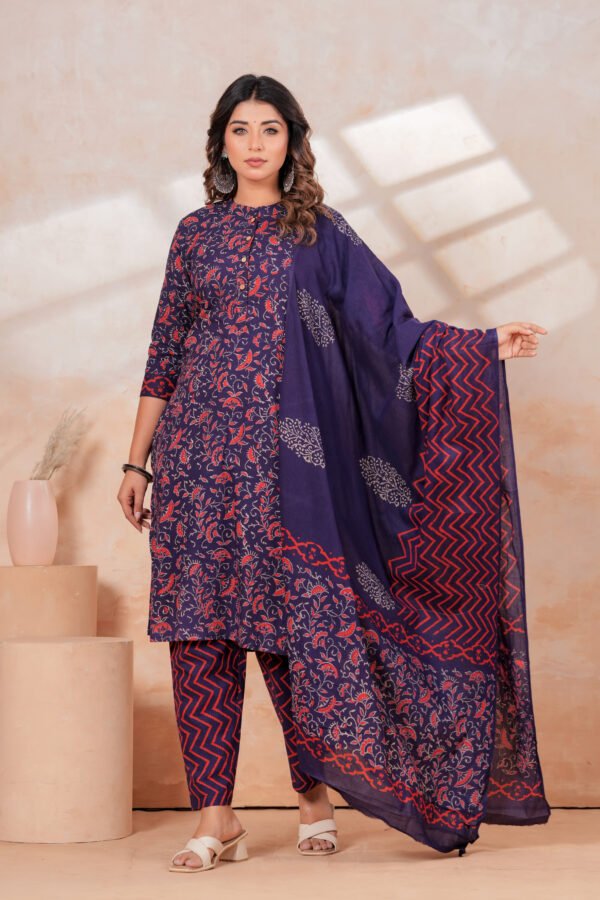 Hand Block Printed Cotton Kurta Set with Dupatta (Navy Blue & Red)