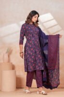 Hand Block Printed Cotton Kurta Set with Dupatta (Navy Blue & Red)