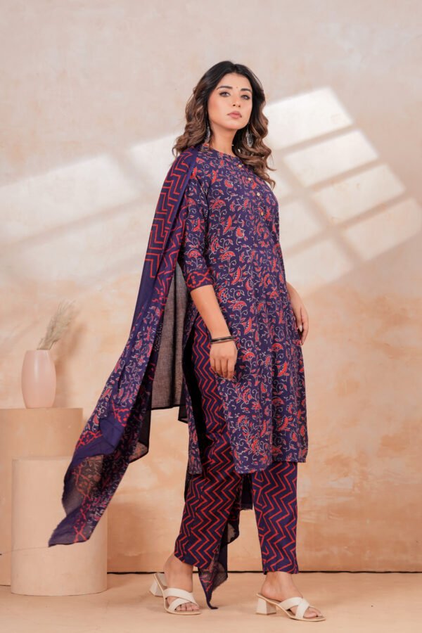 Hand Block Printed Cotton Kurta Set with Dupatta (Navy Blue & Red)