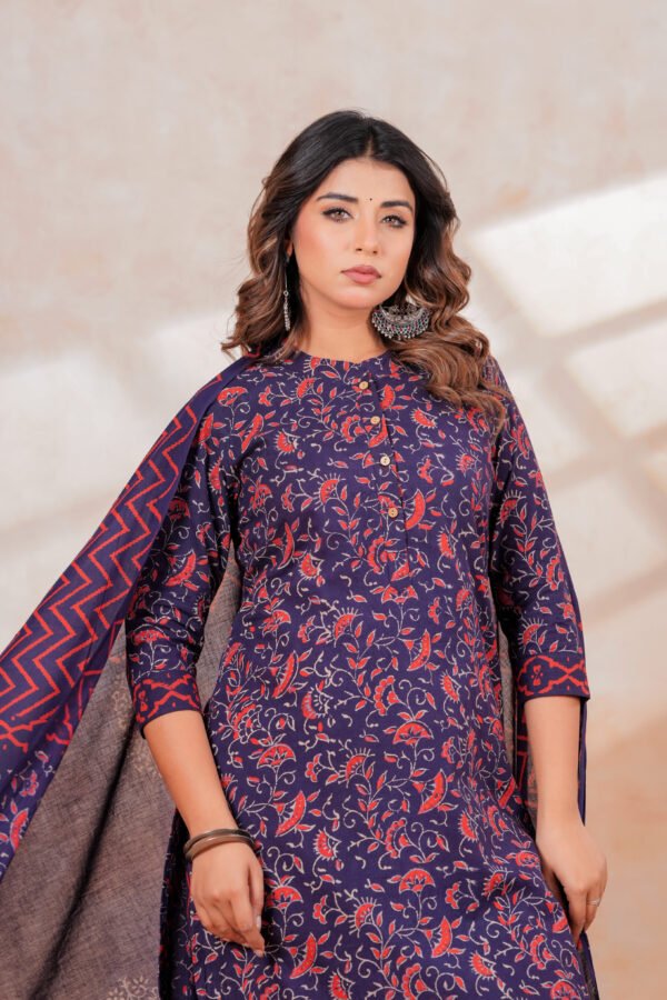 Hand Block Printed Cotton Kurta Set with Dupatta (Navy Blue & Red)
