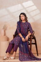 Hand Block Printed Cotton Kurta Set with Dupatta (Navy Blue & Red)