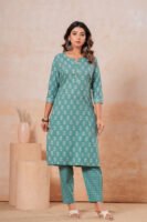 Women’s Printed Kurta Pant Set (Green)