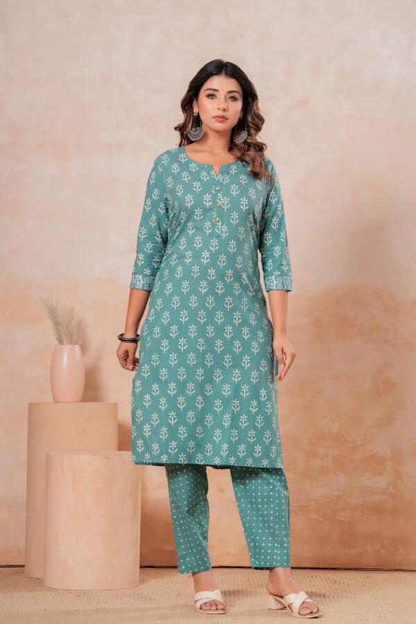 Women’s Printed Kurta Pant Set (Green)