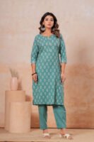 Women’s Printed Kurta Pant Set (Green)