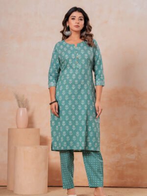 Women’s Printed Kurta Pant Set (Green)