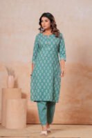 Women’s Printed Kurta Pant Set (Green)