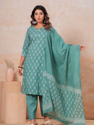 Hand Block Printed Cotton Kurta Set with Dupatta (Sea Green & White)