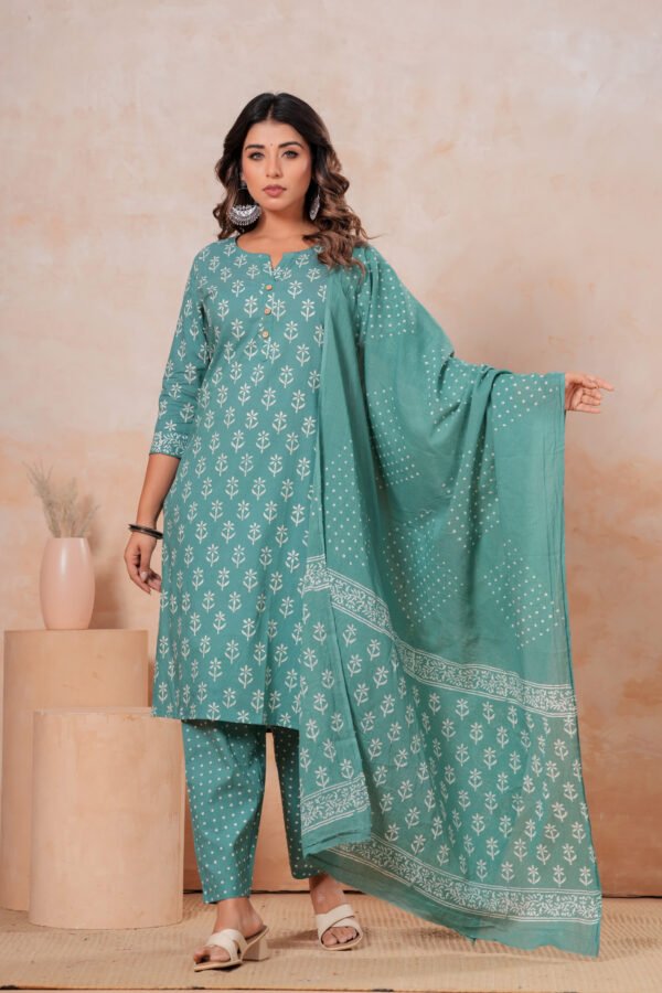 Hand Block Printed Cotton Kurta Set with Dupatta (Sea Green & White)