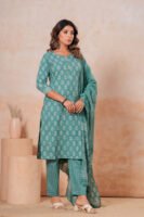 Hand Block Printed Cotton Kurta Set with Dupatta (Sea Green & White)