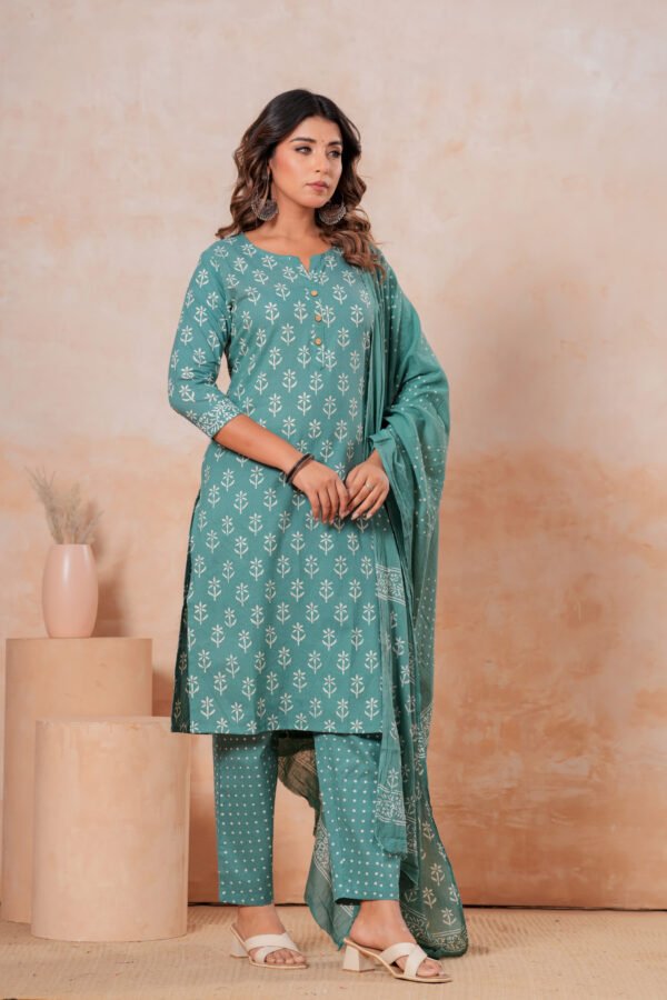 Hand Block Printed Cotton Kurta Set with Dupatta (Sea Green & White)