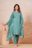 Hand Block Printed Cotton Kurta Set with Dupatta (Sea Green & White)
