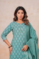 Hand Block Printed Cotton Kurta Set with Dupatta (Sea Green & White)