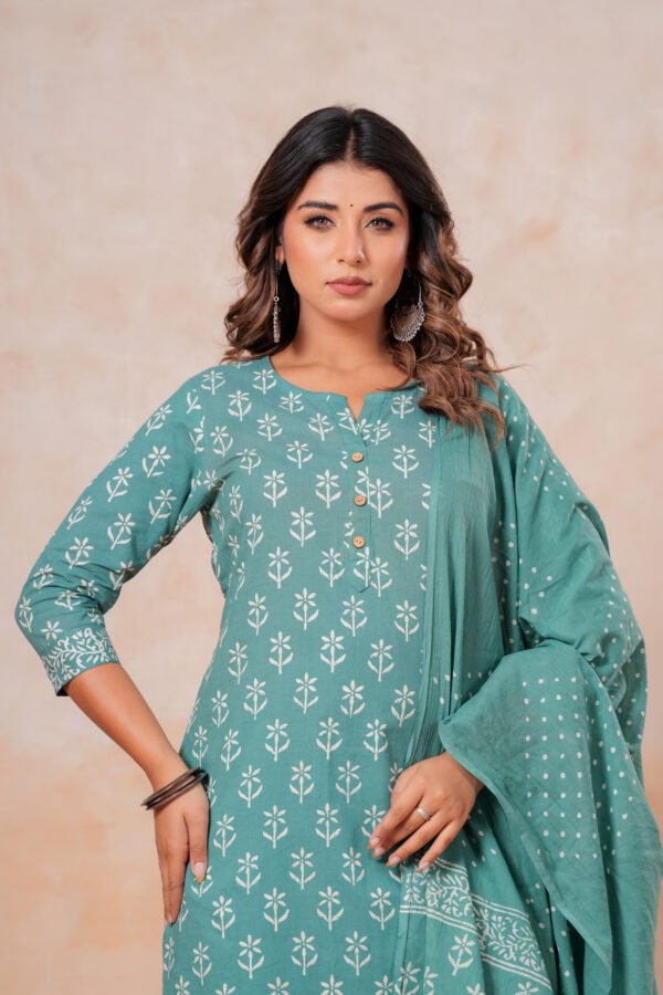 Hand Block Printed Cotton Kurta Set with Dupatta (Sea Green & White)