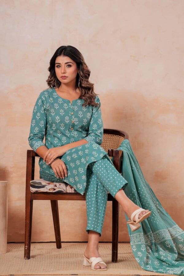 Hand Block Printed Cotton Kurta Set with Dupatta (Sea Green & White)