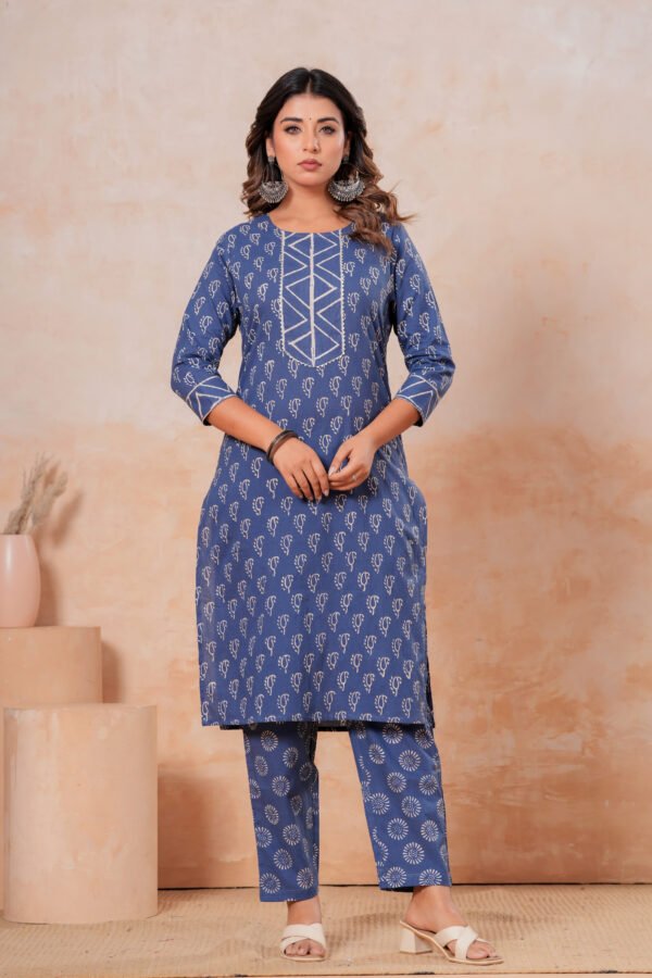 Women’s Printed Kurta Pant Set (Blue)