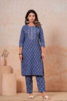 Women’s Printed Kurta Pant Set (Blue)