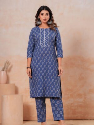 Women’s Printed Kurta Pant Set (Blue)
