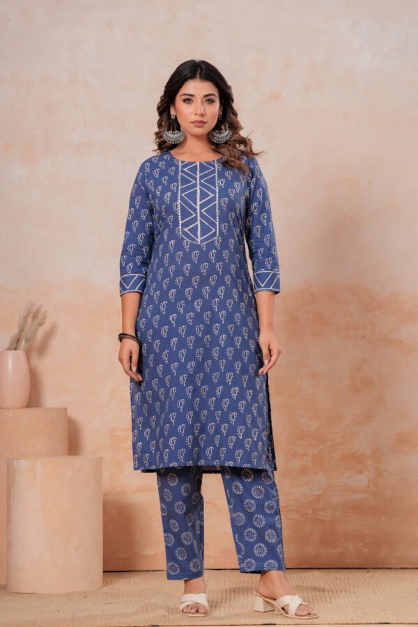 Women’s Printed Kurta Pant Set (Blue)