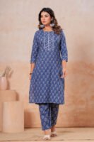 Women’s Printed Kurta Pant Set (Blue)