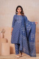 Hand Block Printed Cotton Kurta Set with Dupatta (Black, White & Red)