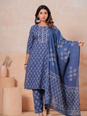 Hand Block Printed Cotton Kurta Set with Dupatta (Black, White & Red)