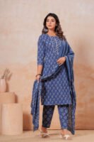 Hand Block Printed Cotton Kurta Set with Dupatta (Indigo Blue & White)