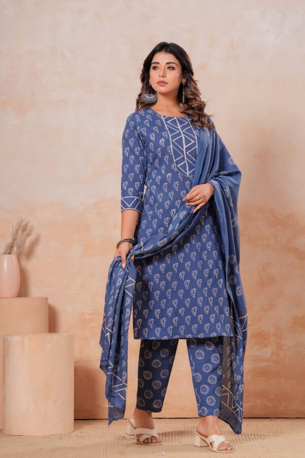 Hand Block Printed Cotton Kurta Set with Dupatta (Indigo Blue & White)